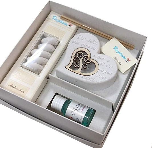 Diffusore per ambienti in pietra con frase in rilievo ed applicazione in legno