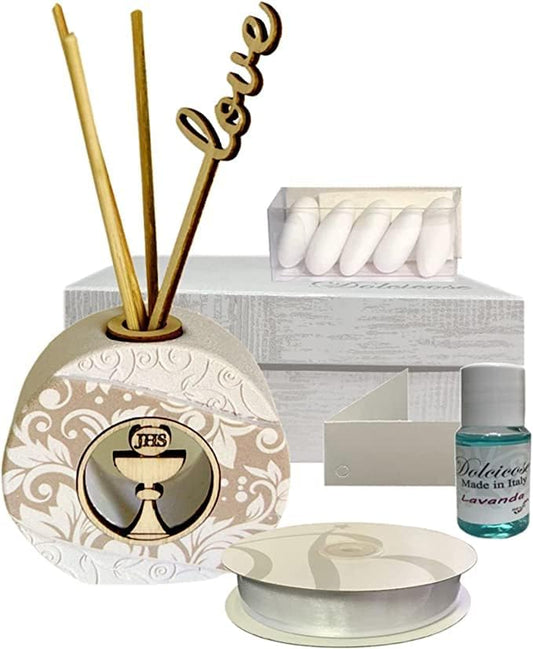 Diffusore per ambienti in pietra stampata ed applicazione in legno adatto per Prima Comunione