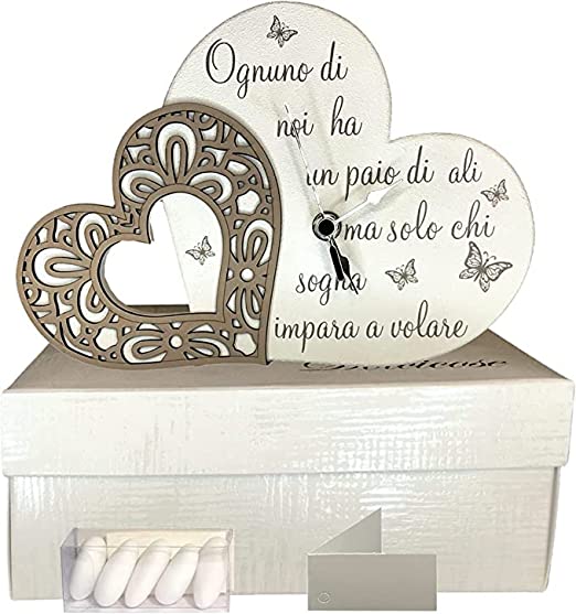 Orologio doppio cuore con stampa ed applicazione in legno