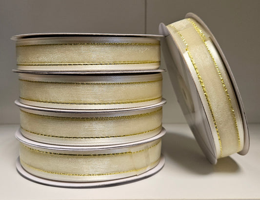 Nastro in organza Beige con dettagli in Oro 2cm x 50Mt - 5 rotoli